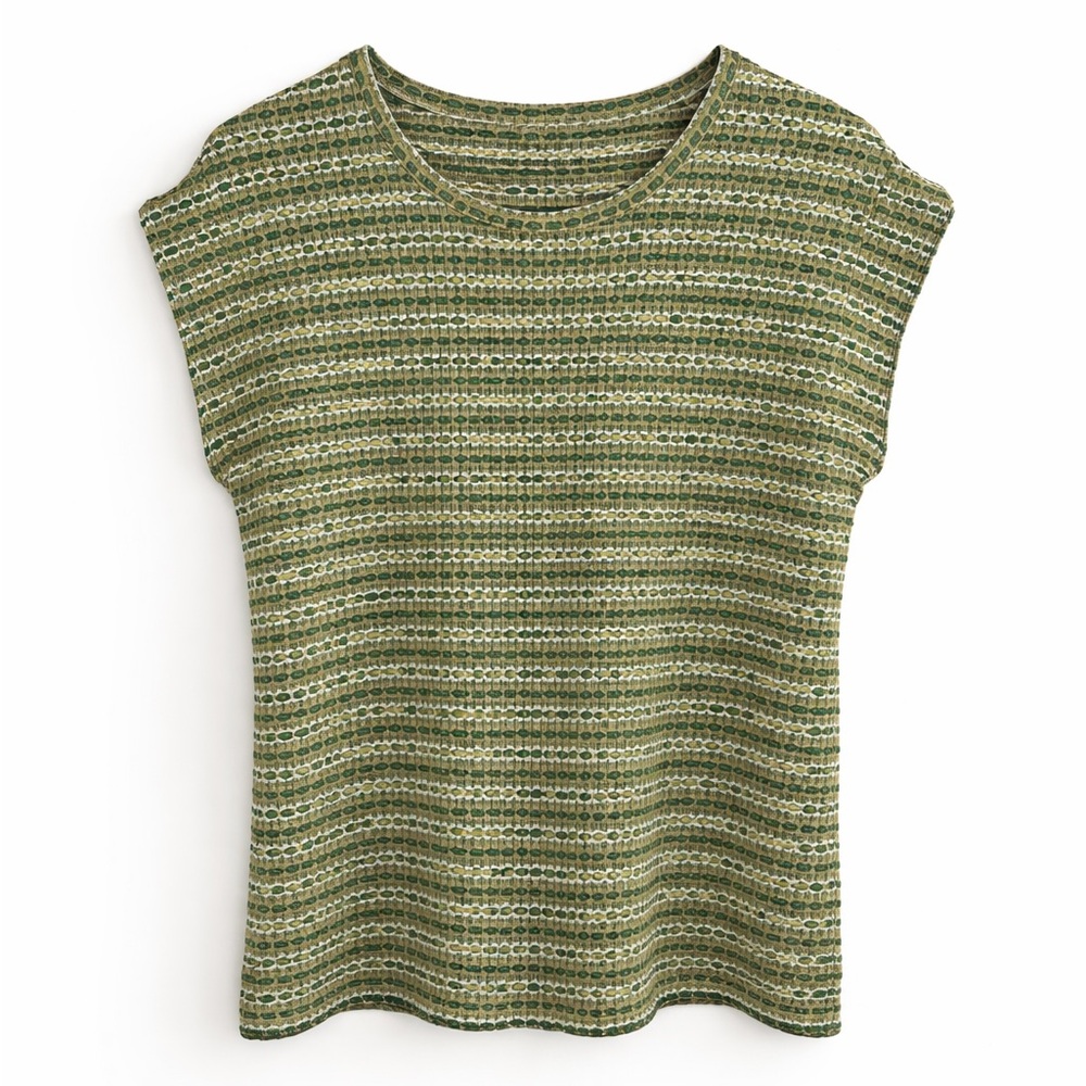 Kim & Cami Green Textured Knit Cap Sleeve Top | Geometric Print | Size M